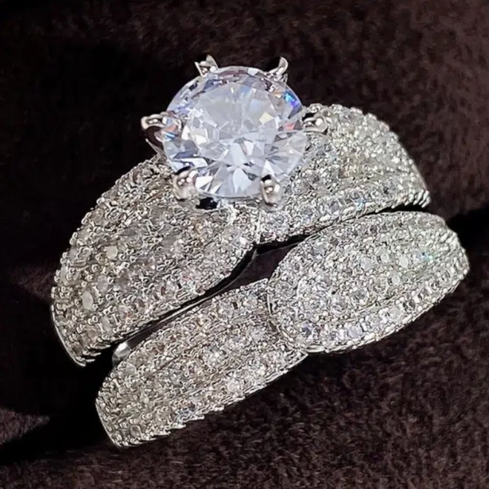 2 Pcs/set 925 Silver Plated Bridal Wedding Zircon Ring For Women Size 7